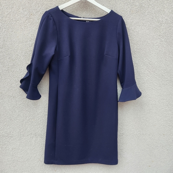 KARL LAGERFELD Women's Crepe Dress Size 10 Petite Navy Tulip Bell Sleeve - Picture 2 of 10